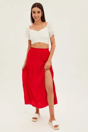 Red Maxi Skirt High Waist Split Tiered Visual Outfit Daily Wear