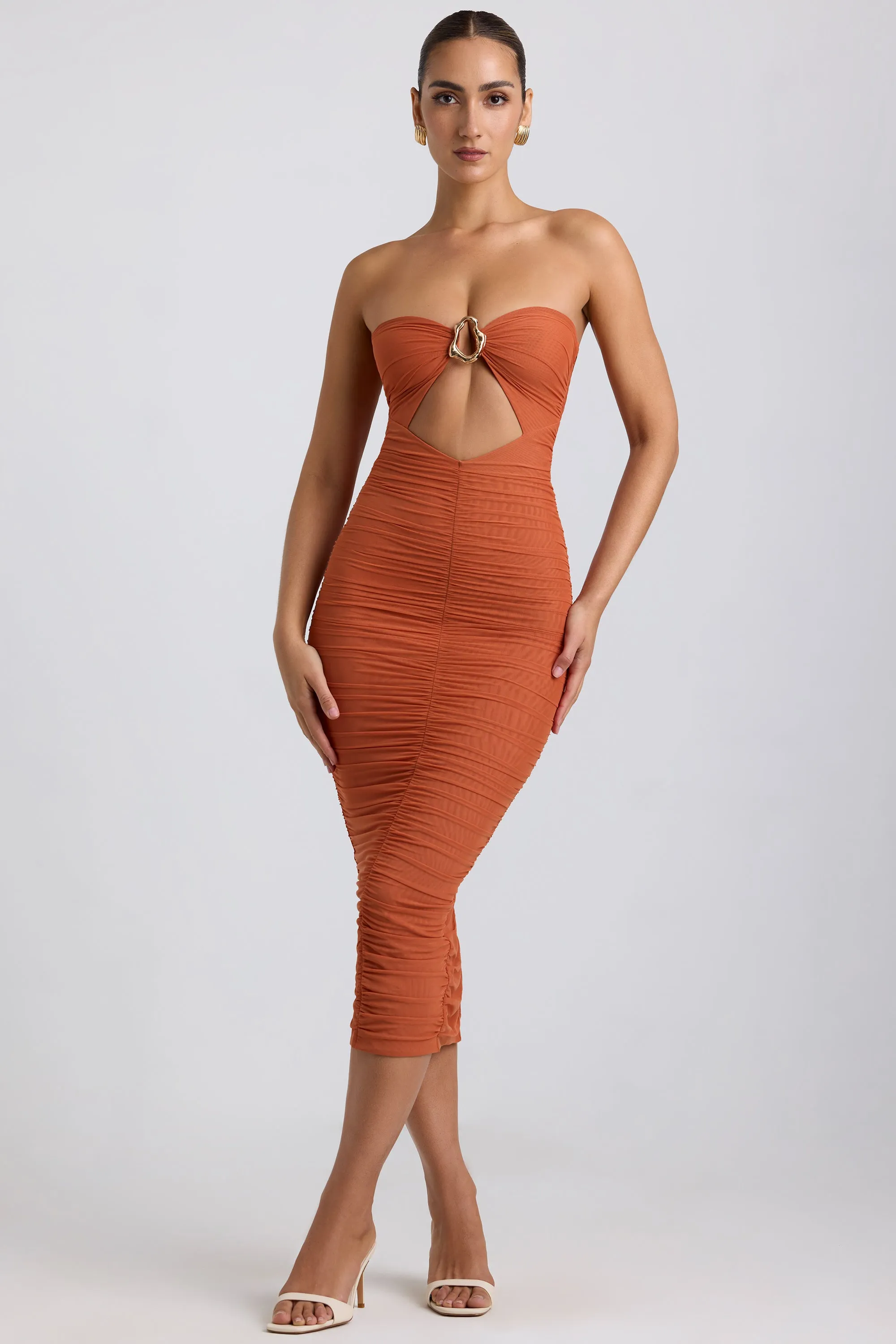 Outdoor Pants Ruched Hardware Detail Strapless Midaxi Dress in Burnt Orange