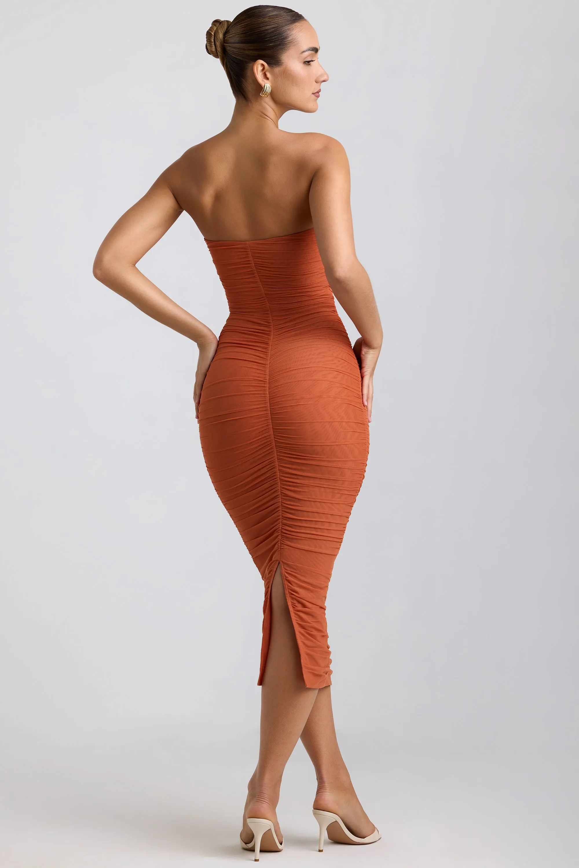 Casual Comfort Ruched Hardware Detail Strapless Midaxi Dress in Burnt Orange