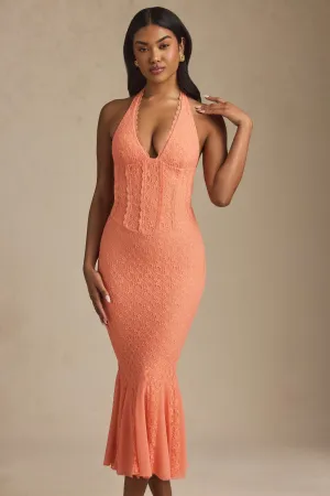 Leather Core Halterneck Corset Lace Midaxi Dress in Peach