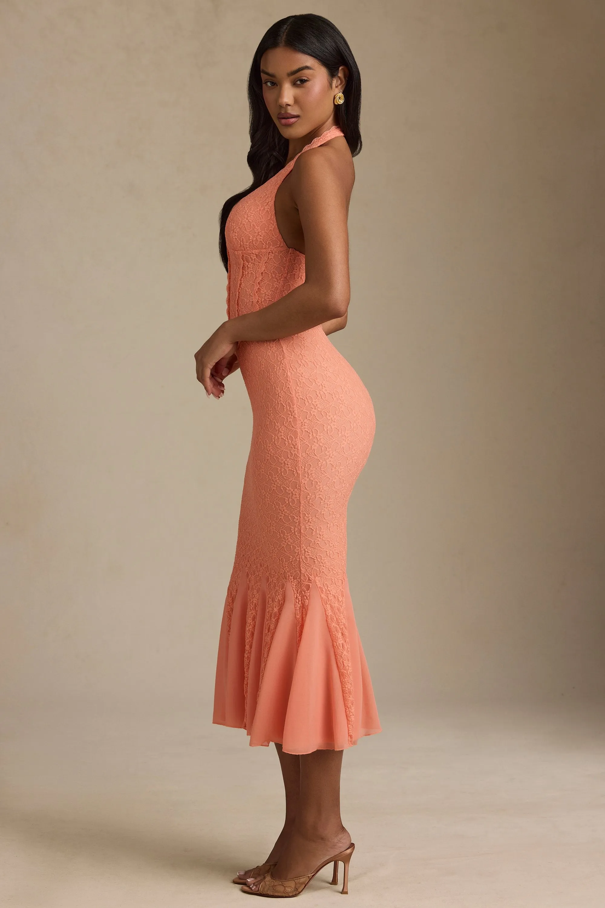 Lightweight Jacket AbrasionResistantThread Halterneck Corset Lace Midaxi Dress in Peach
