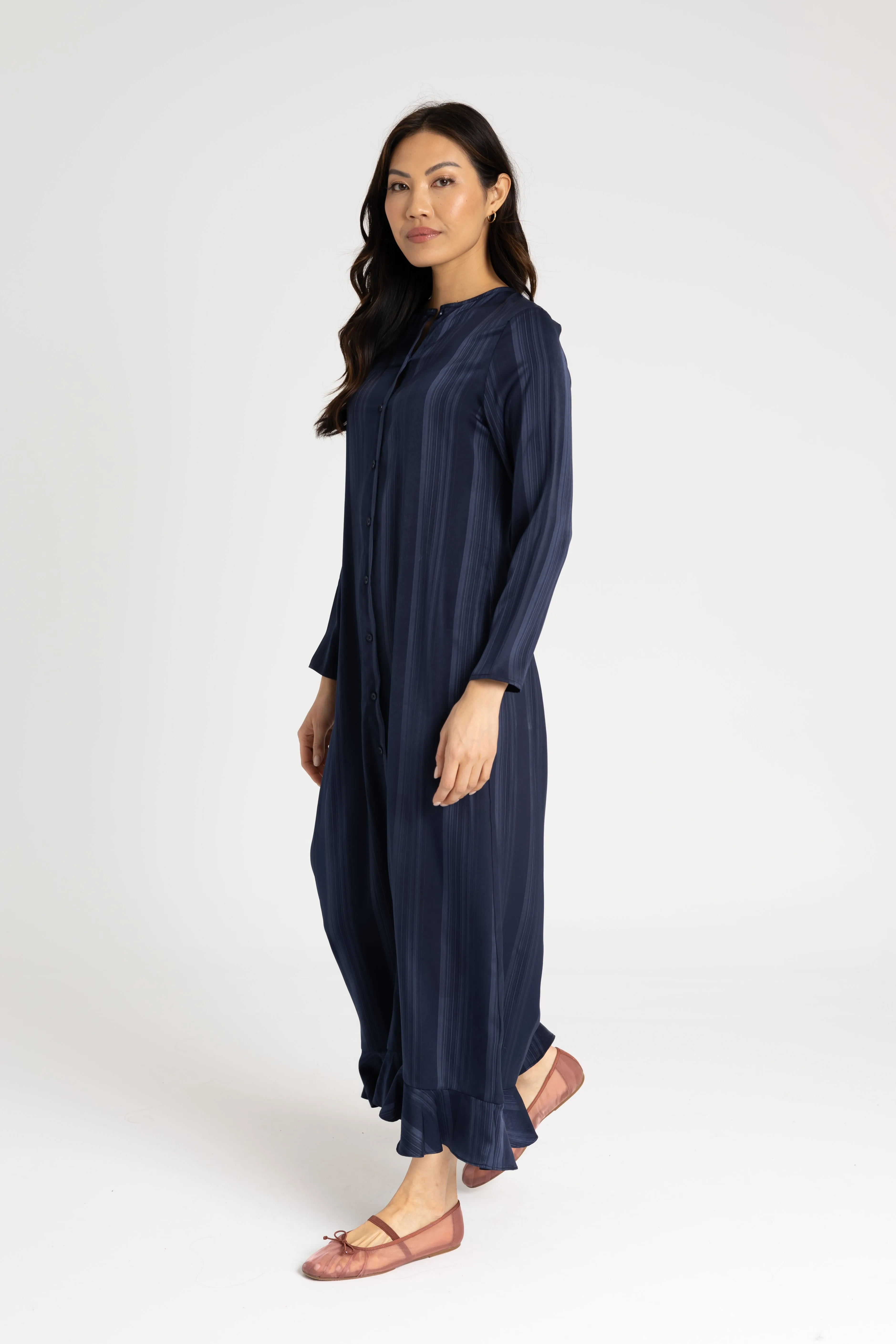 Heavy Silk Navy Striped Button Down Maxi