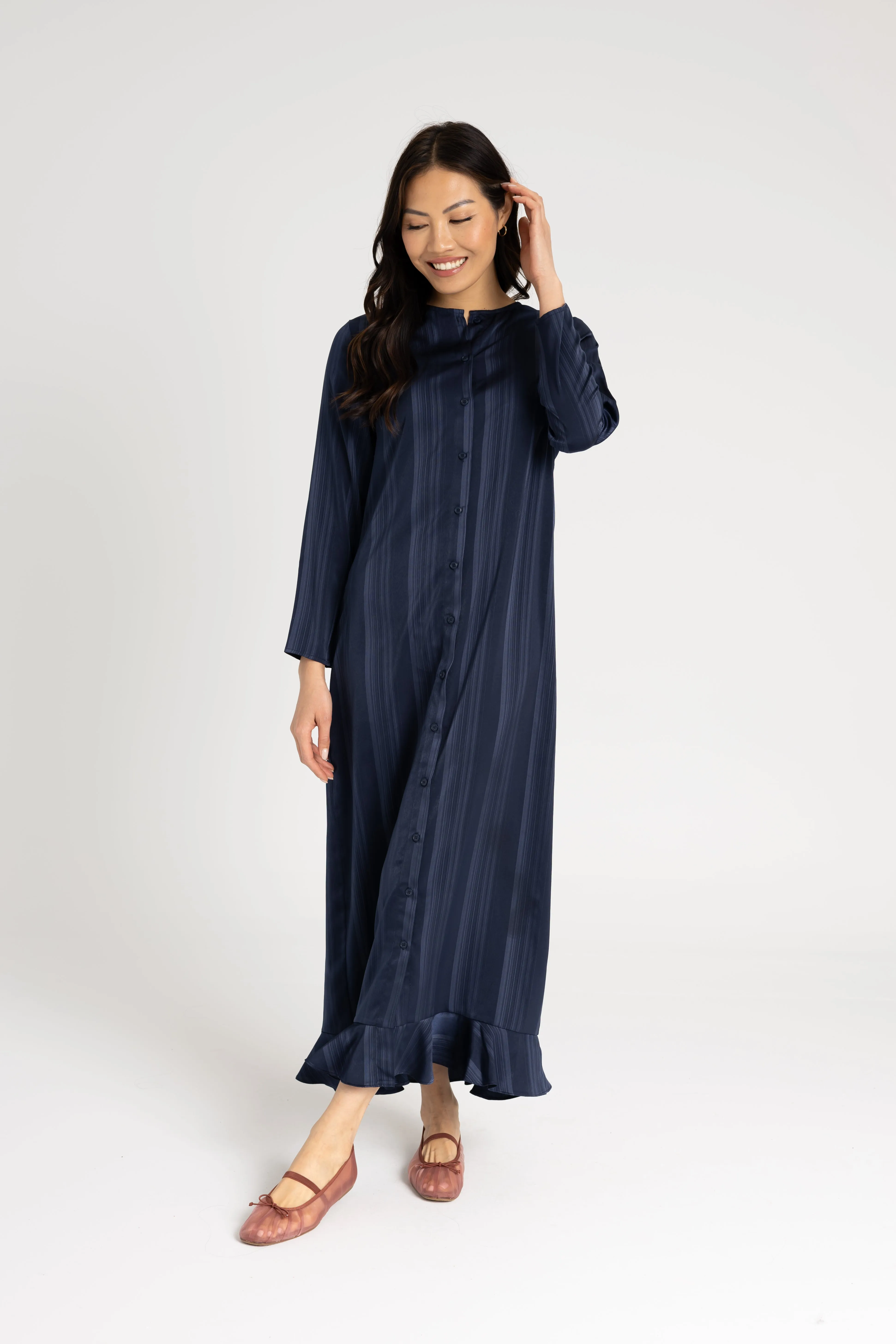 Navy Striped Button Down Maxi LightweightKnit