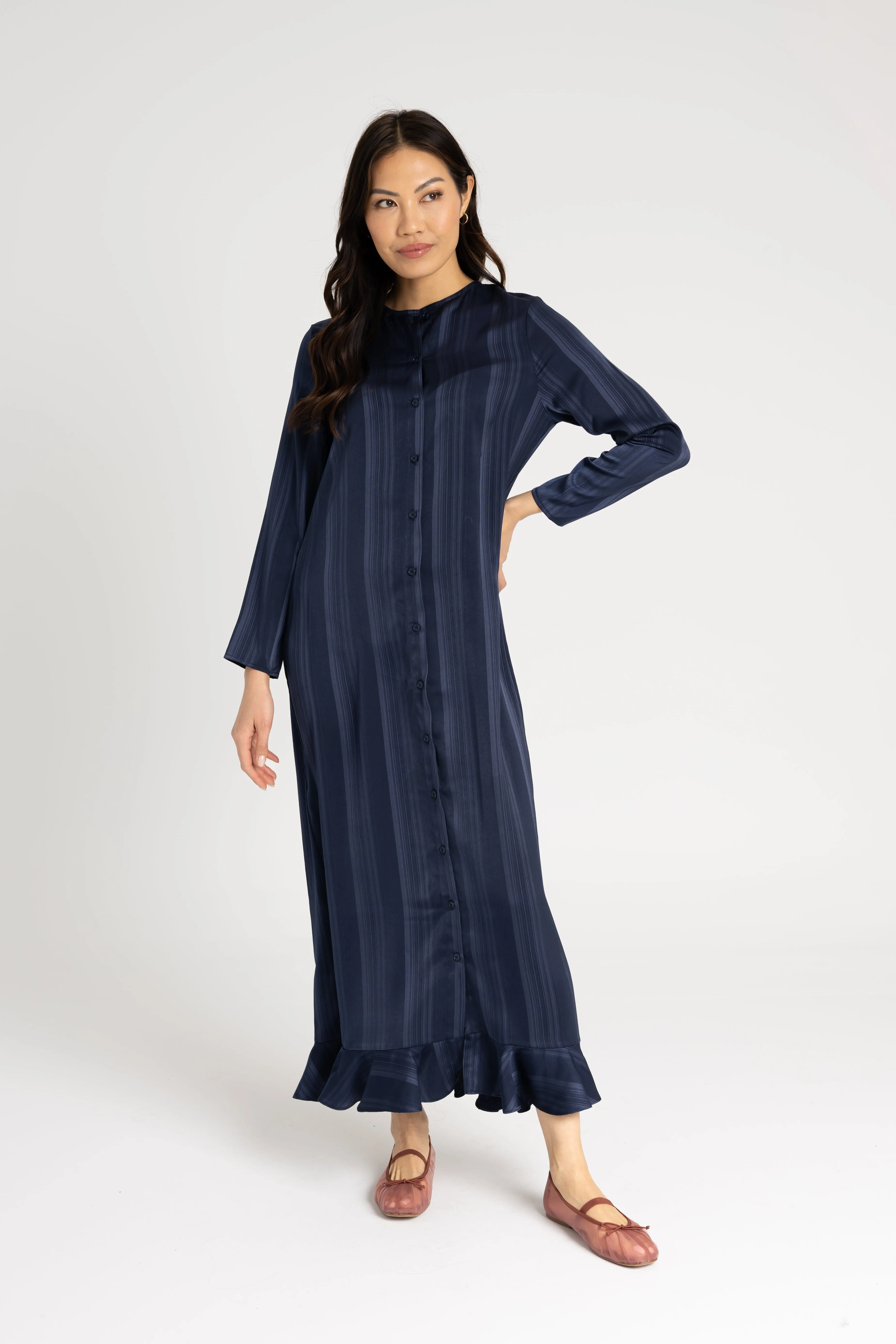 Navy Striped Button Down Maxi LayeredConstruction