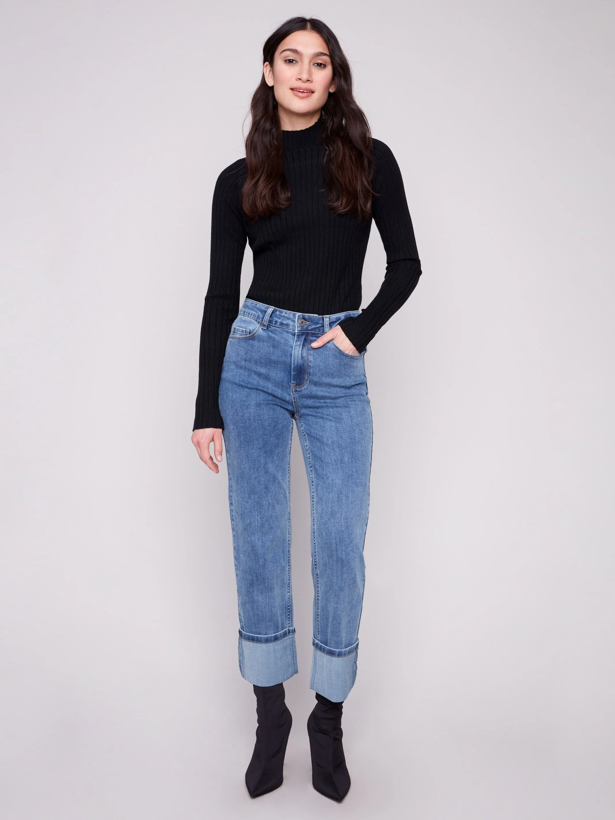 Wide Cuff Straight Leg Jeans - Medium Blue Pre Shrunk Material