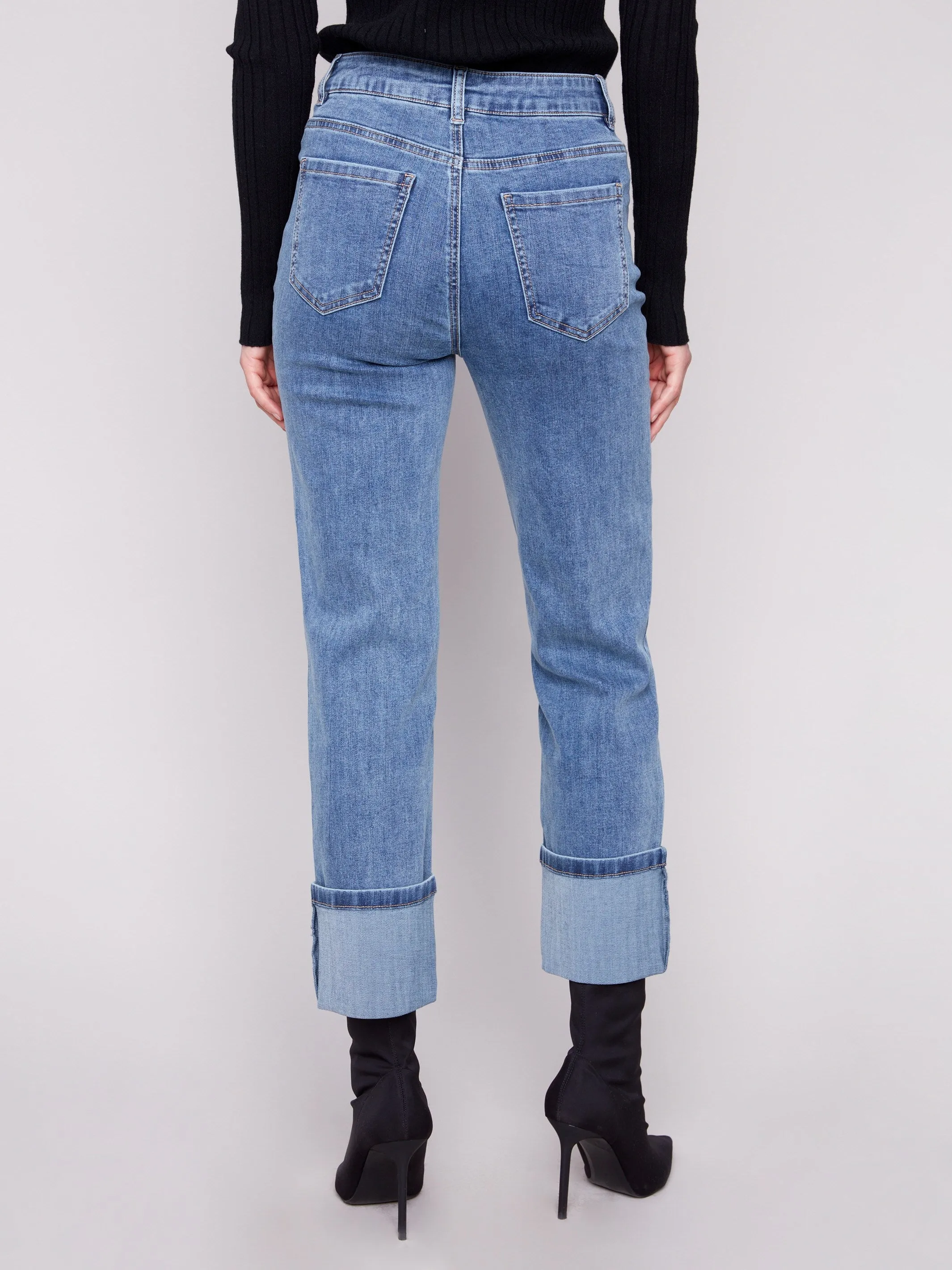 Day Wear Holiday Vibes Work Ready Wide Cuff Straight Leg Jeans - Medium Blue