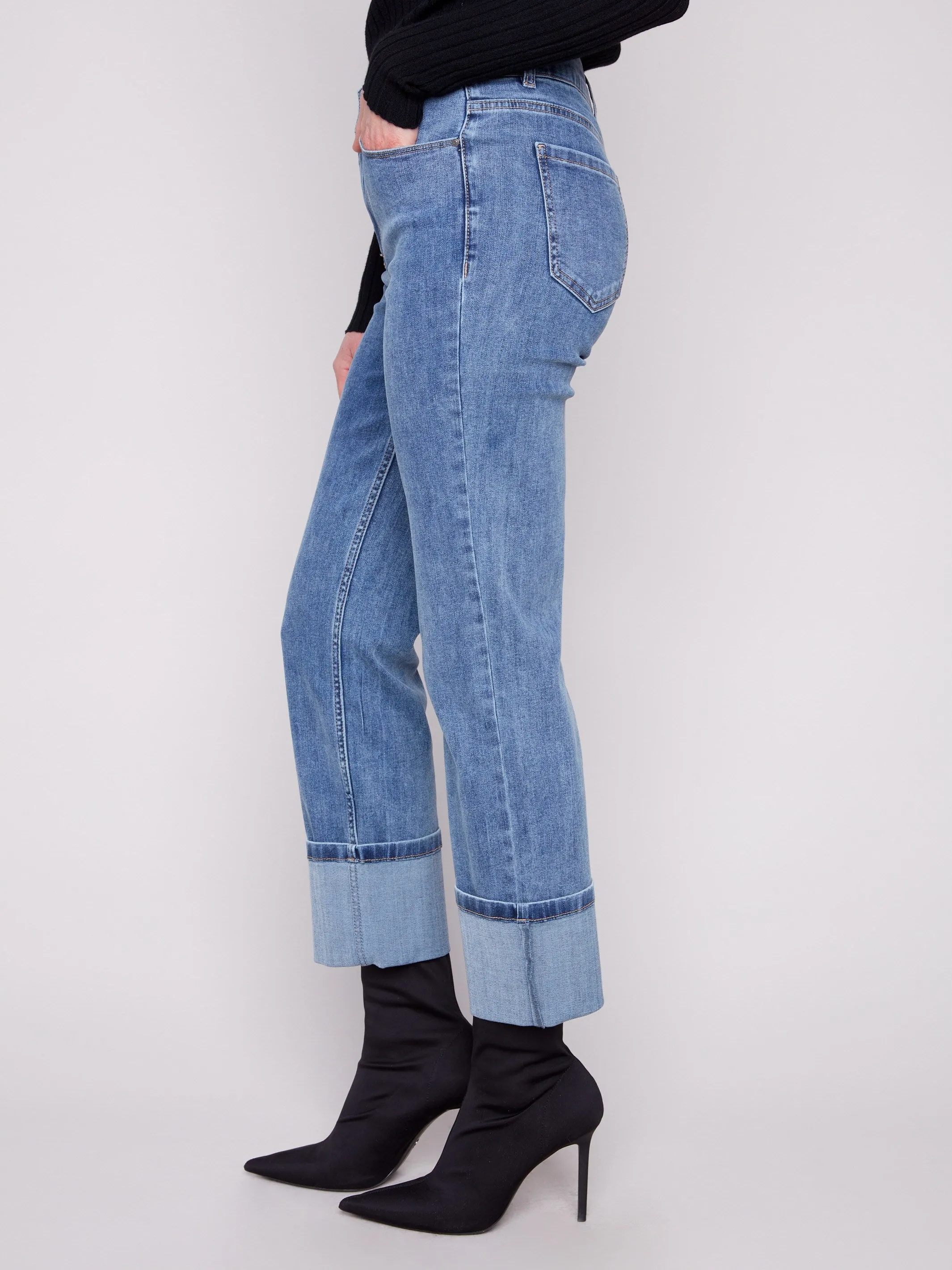 Wide Cuff Straight Leg Jeans - Medium Blue Loose Smooth Shopping Day