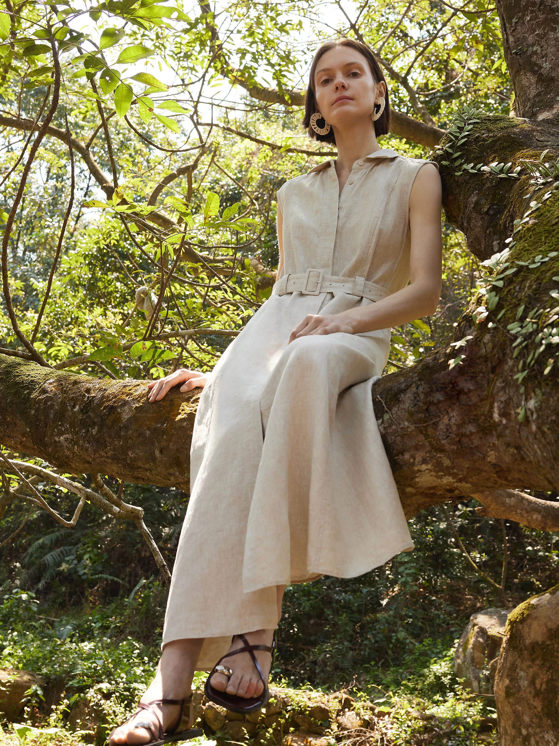 Street Fest 100% Linen Women Vest Maxi Shirt Dress With Belt