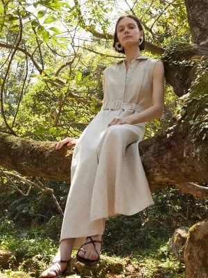 Street Fest 100% Linen Women Vest Maxi Shirt Dress With Belt