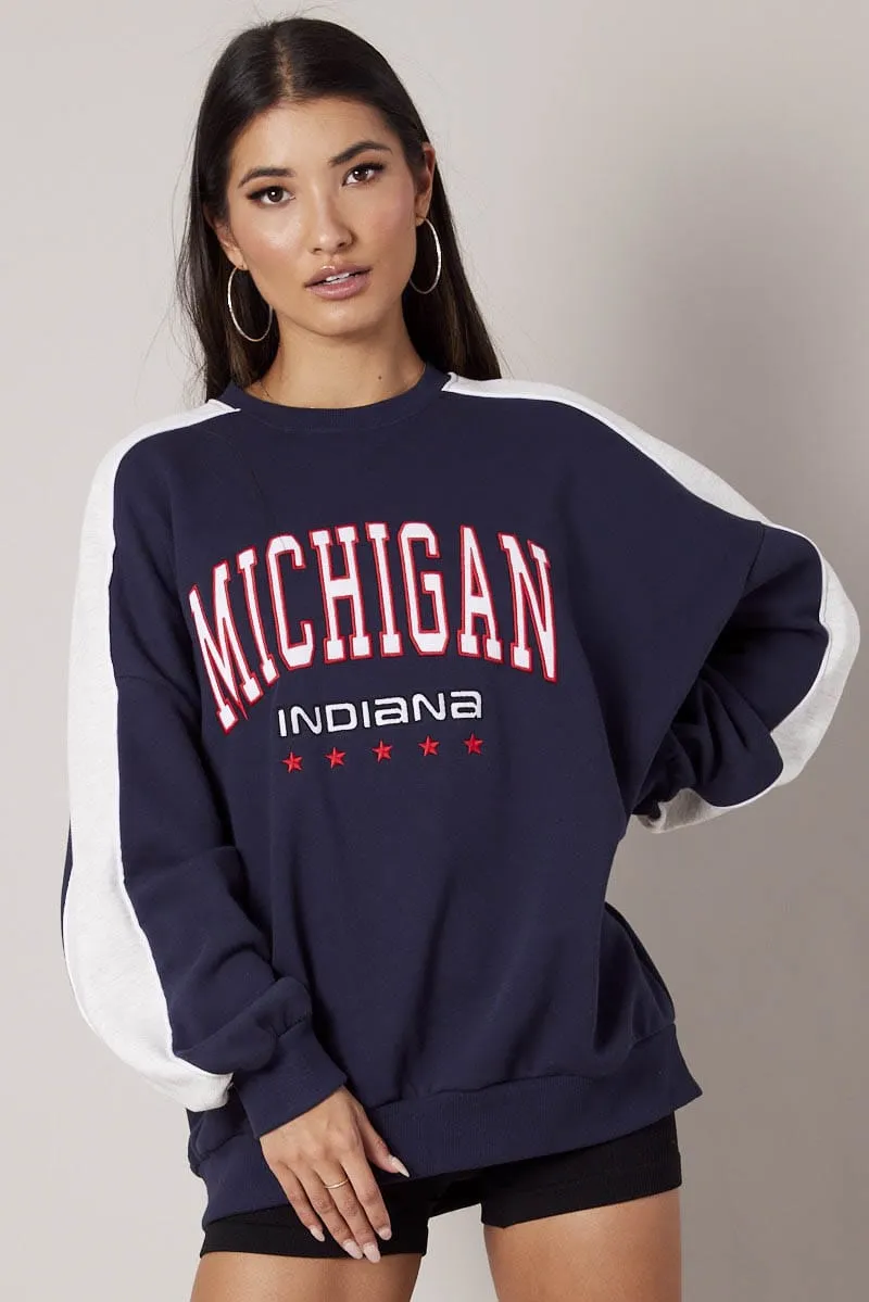 Stretchy product innovation potential Blue Graphic Sweater Oversized