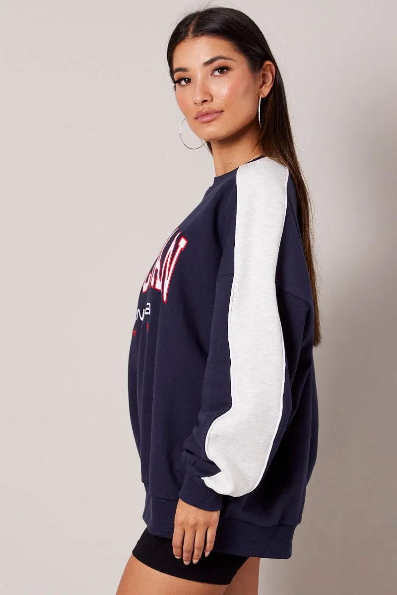 Anti-pilling Blue Graphic Sweater Oversized