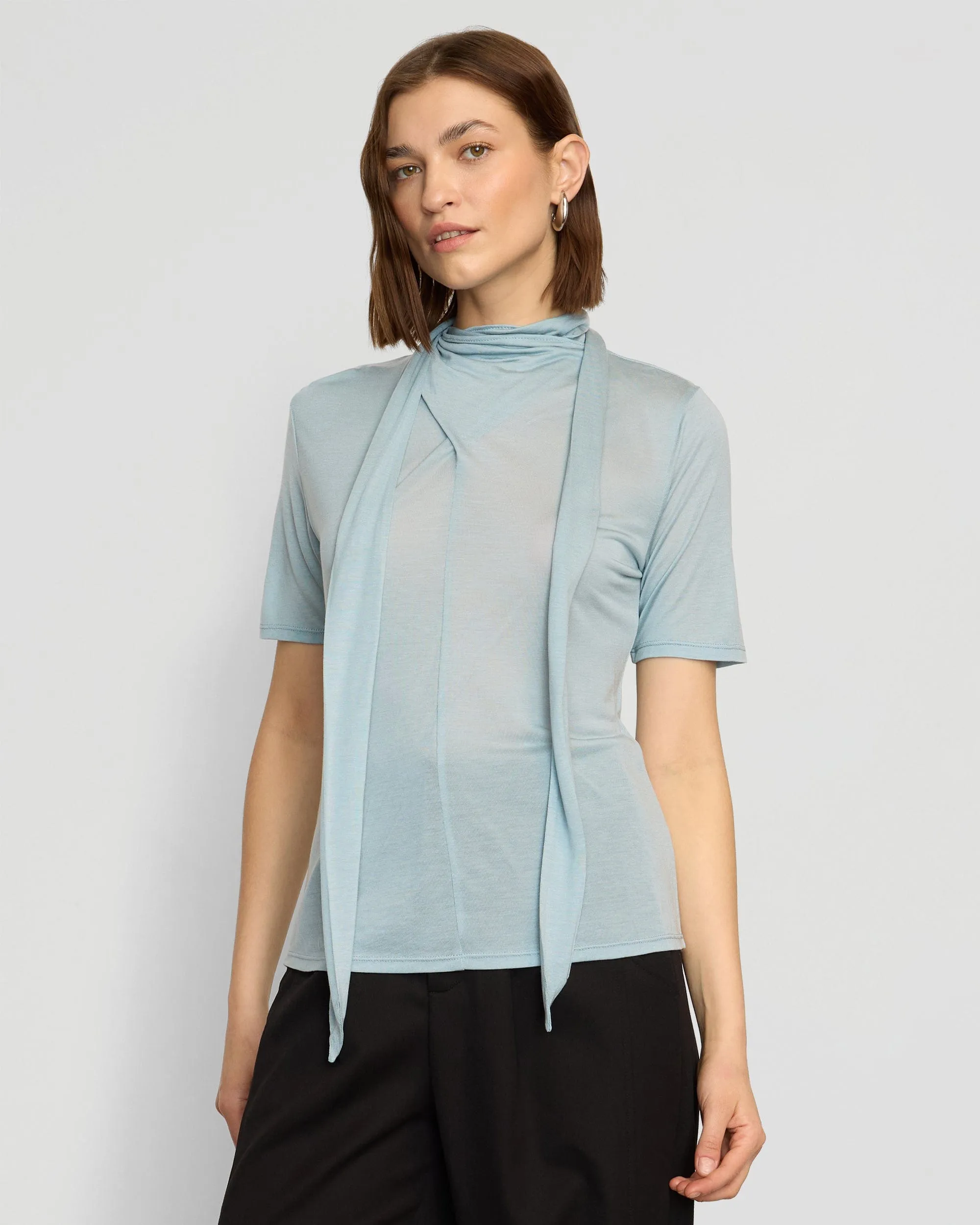 Lucine Scarf-Neck Semi-Sheer Tencel Tee Chic Comfort Trendy Fabric