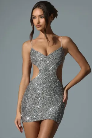 Simple Style Fun Twist Embellished Cut-Out Mini Dress in Silver