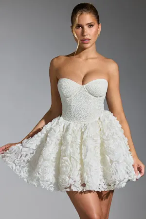 Embellished Floral-Appliqu?? Lace-Up Mini Dress in White Heat Scene