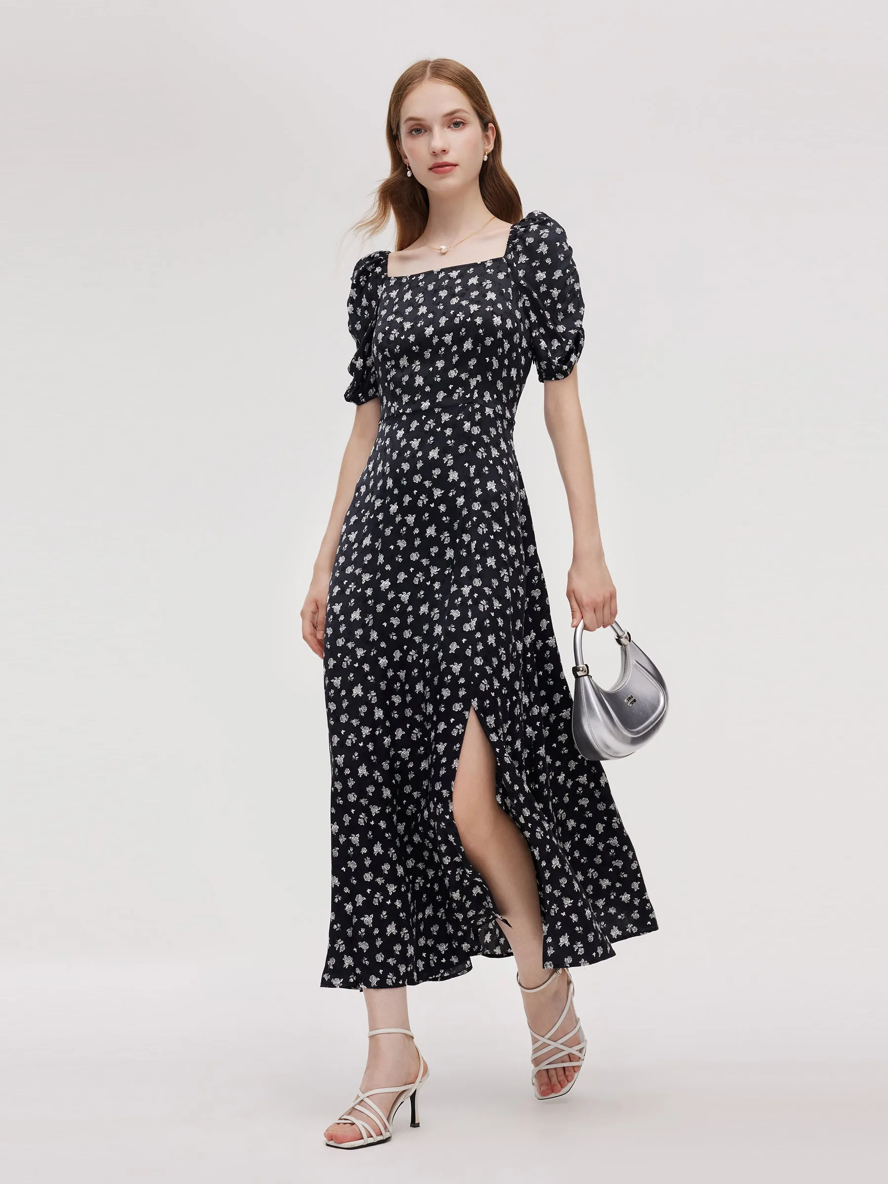 Reinforced Stress Points PreShrunkFabric Floral Print Square Neck Women Side Slit Maxi Dress