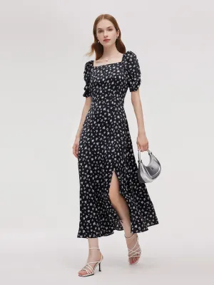 temperature regulation Floral Print Square Neck Women Side Slit Maxi Dress