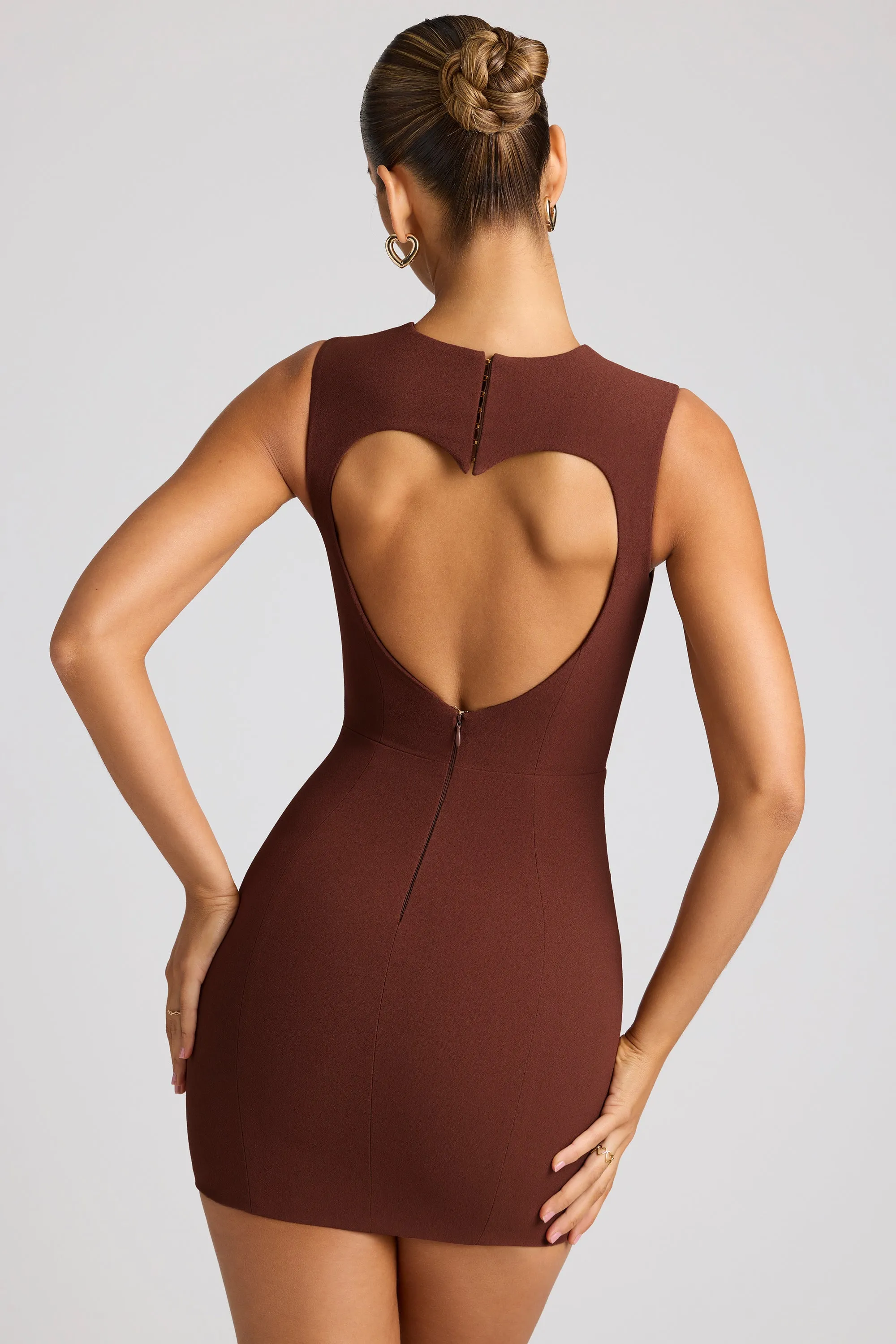 Heart Cut Out Mini Dress in Chocolate Brown Edge Glow Short playful dress for vacations