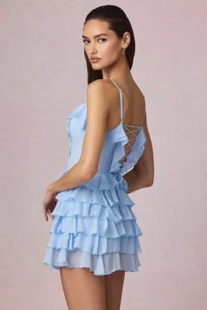 Ruffled Lace-Up A-Line Mini Dress in Powder Blue Sustainable production