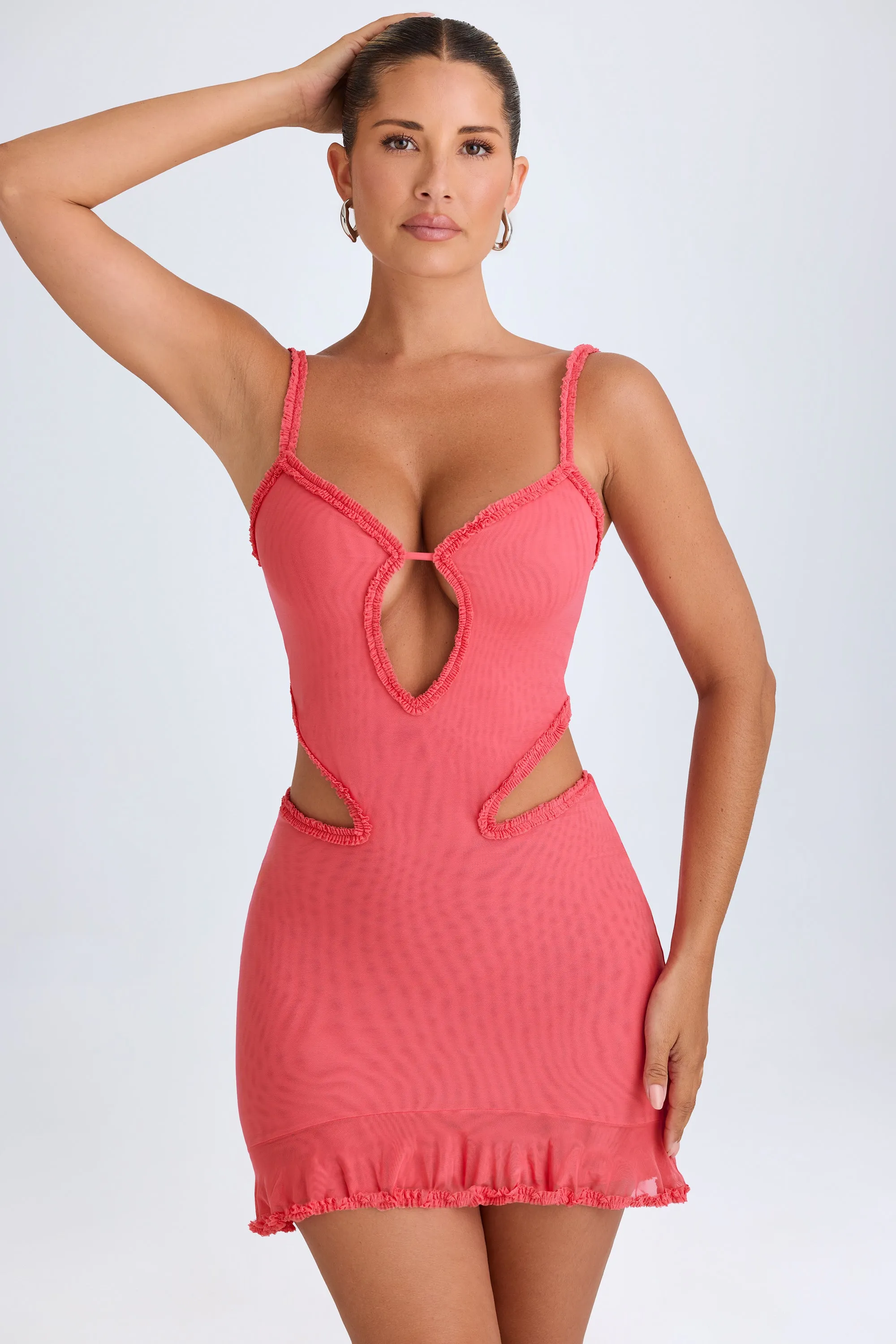 Ruffle-Appliqu?? Cut-Out Mini Dress in Coral Trendy Silhouette