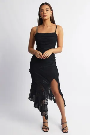 Work Attire Black Midi Dress Asymmetric Hem Lace
