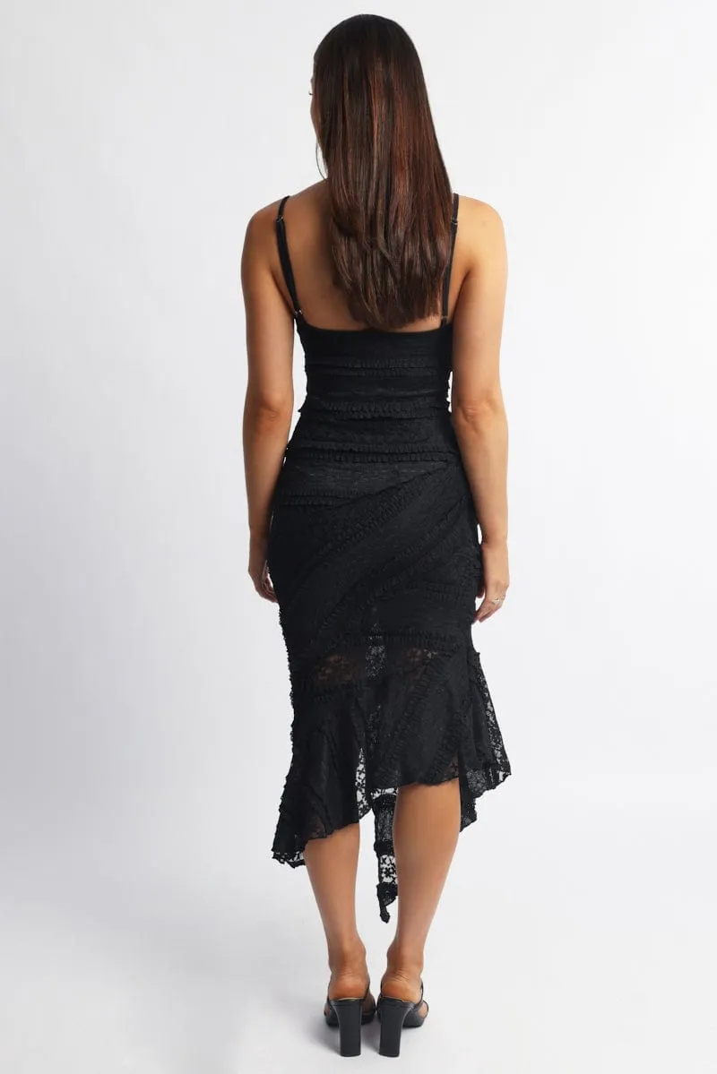 Black Midi Dress Asymmetric Hem Lace Smart Casual Haze Light
