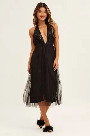 Tall Frame Sophisticated Comfort Black Midi Dress Backless V Neck Lace