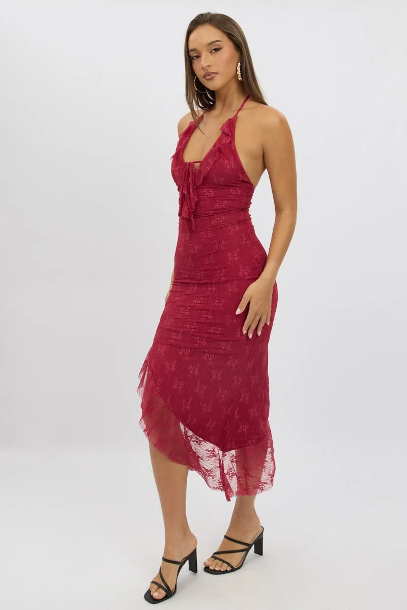 Red Bodycon Dress Ruffle Halter Neck Charming Fit
