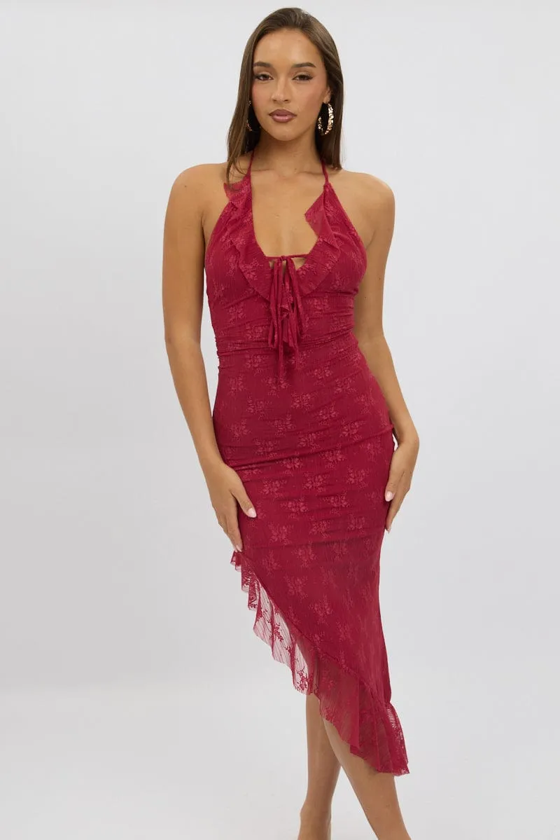Classic Charm Everyday midi for work Red Bodycon Dress Ruffle Halter Neck