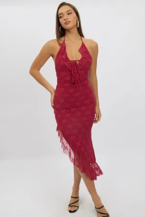 Work Ready Red Bodycon Dress Ruffle Halter Neck