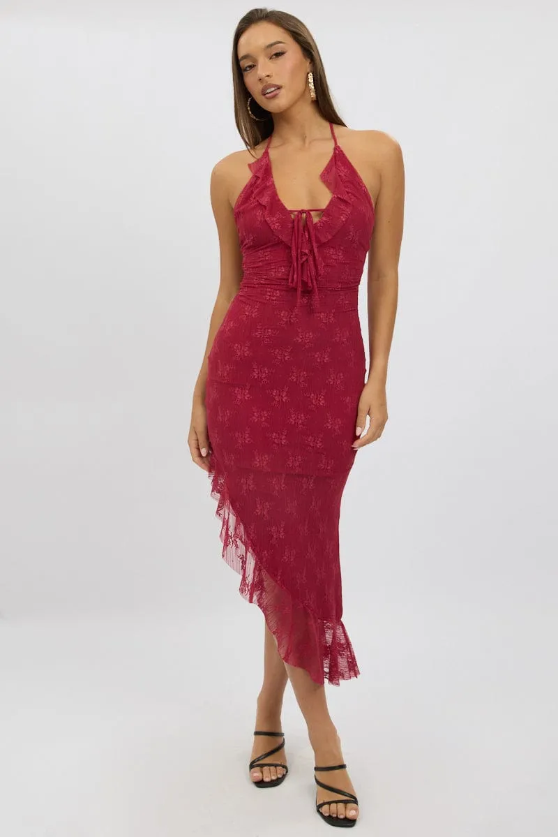 Red Bodycon Dress Ruffle Halter Neck Tulle Light Soft Texture