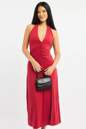 Red Halter Neck Midi Dress Charming Design
