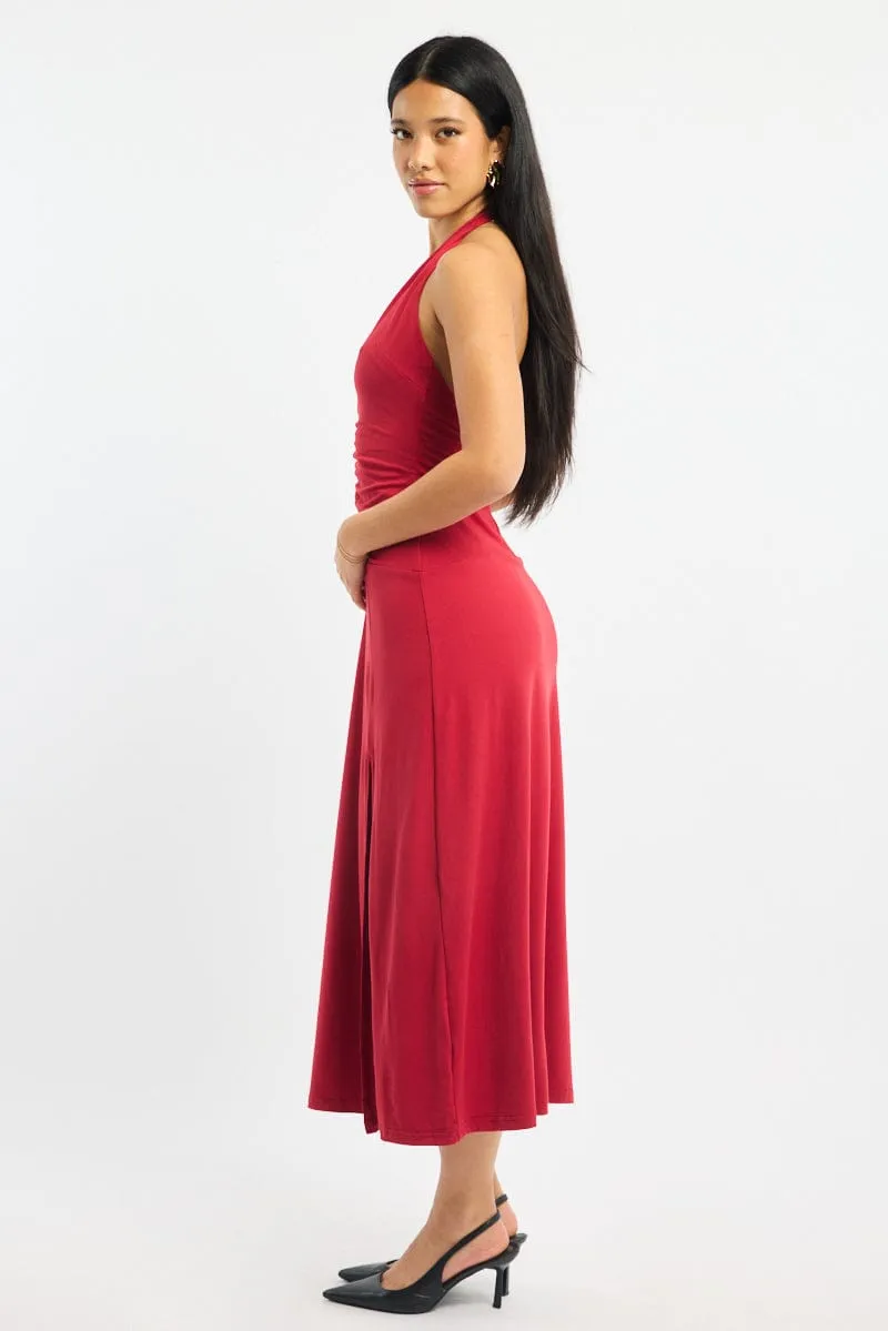 Timeless Comfort Stylish semi-formal dress Red Halter Neck Midi Dress