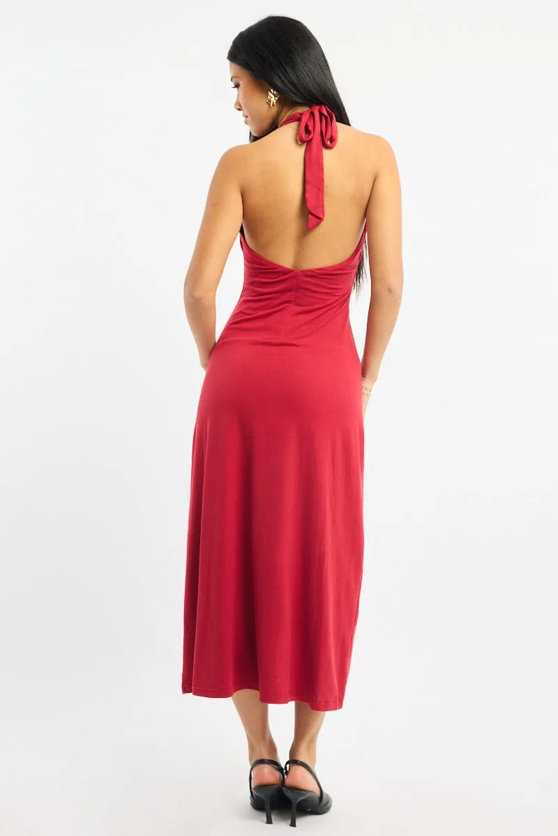 Red Halter Neck Midi Dress Leaf Fall Cloud Sea
