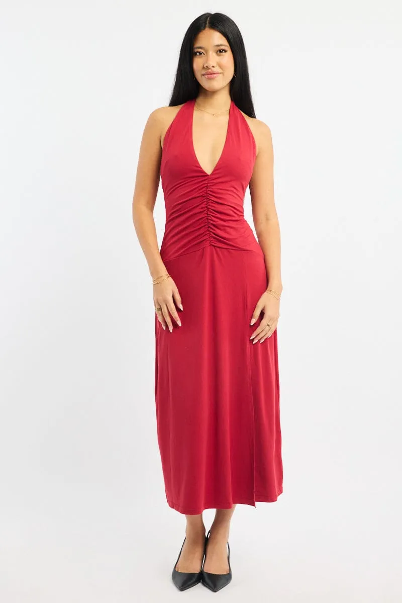 Red Halter Neck Midi Dress Elegant Appearance All Day