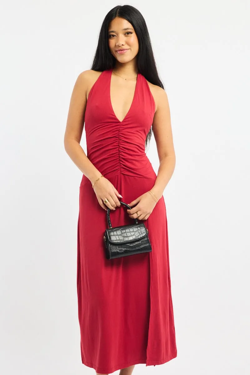Red Halter Neck Midi Dress Charming Design