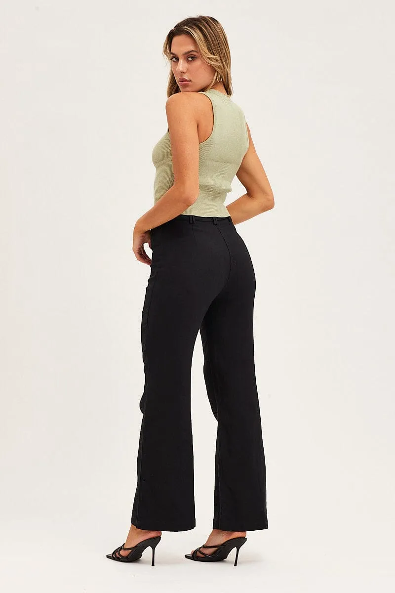 Practical Comfort Trendy Waist Black High Rise Linen Blend Wide Leg Pants