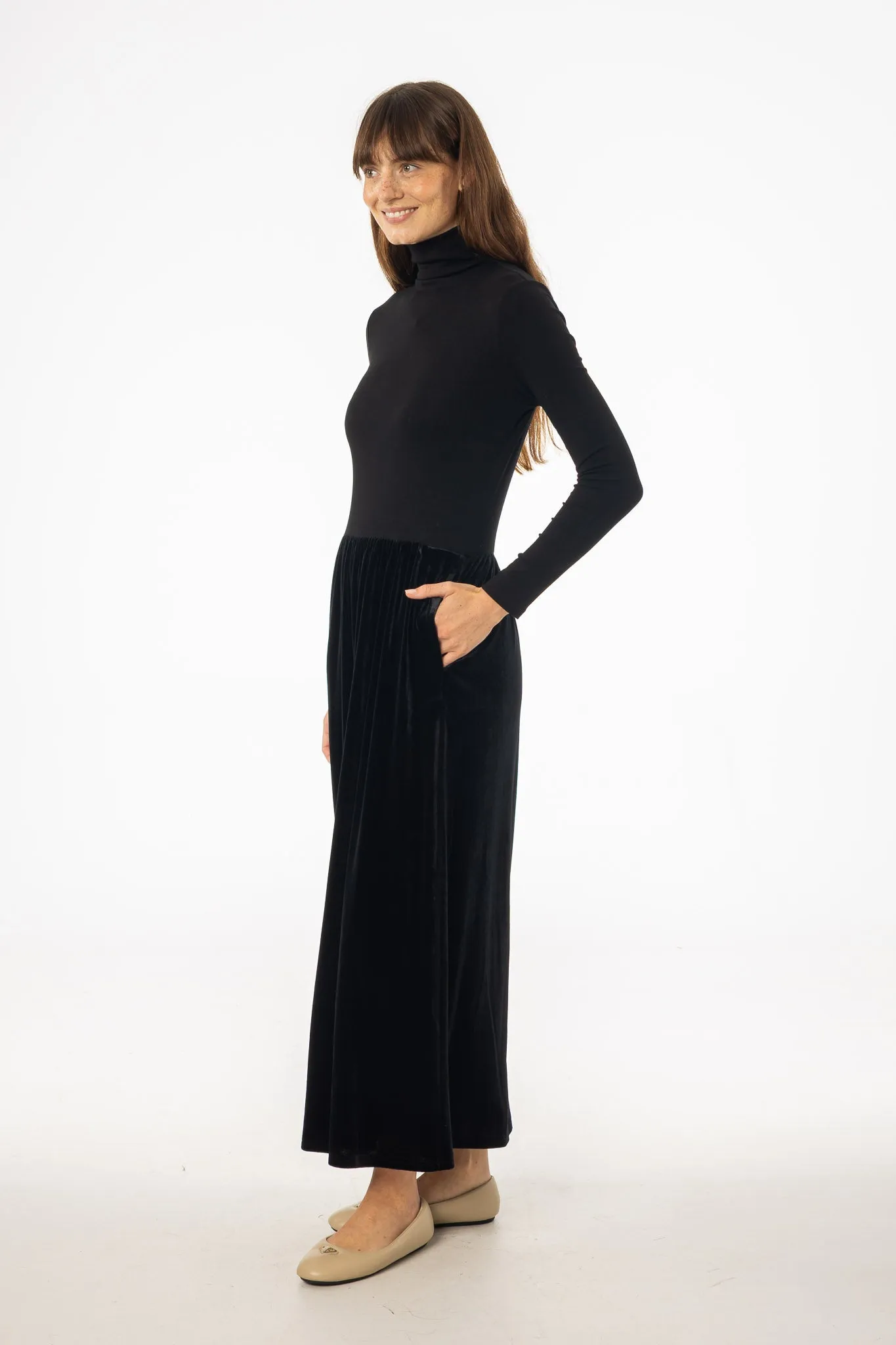Black Combo Velour Mock Neck Dress Euro Mood