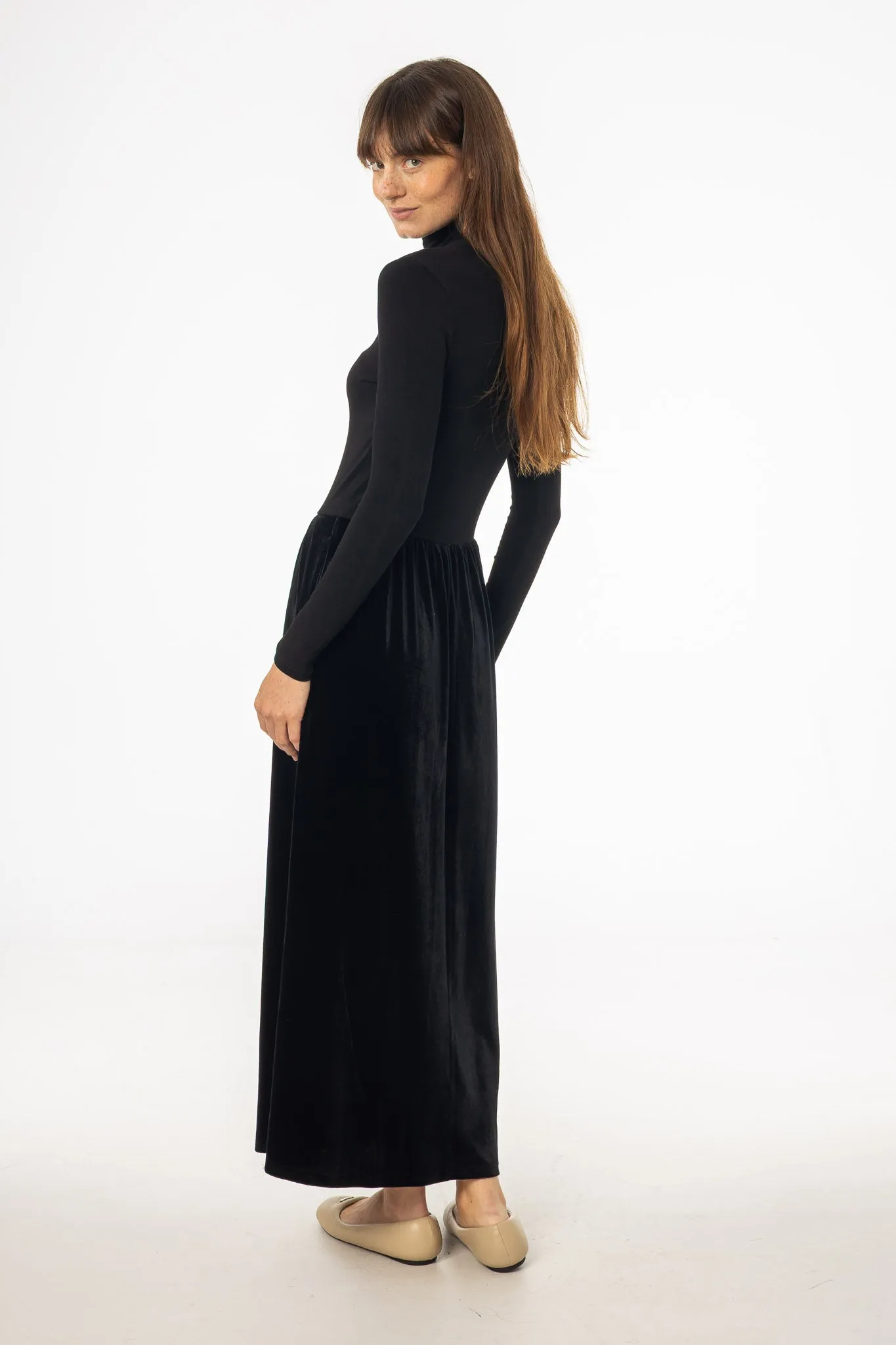 Warm Layers Sun Beam Black Combo Velour Mock Neck Dress