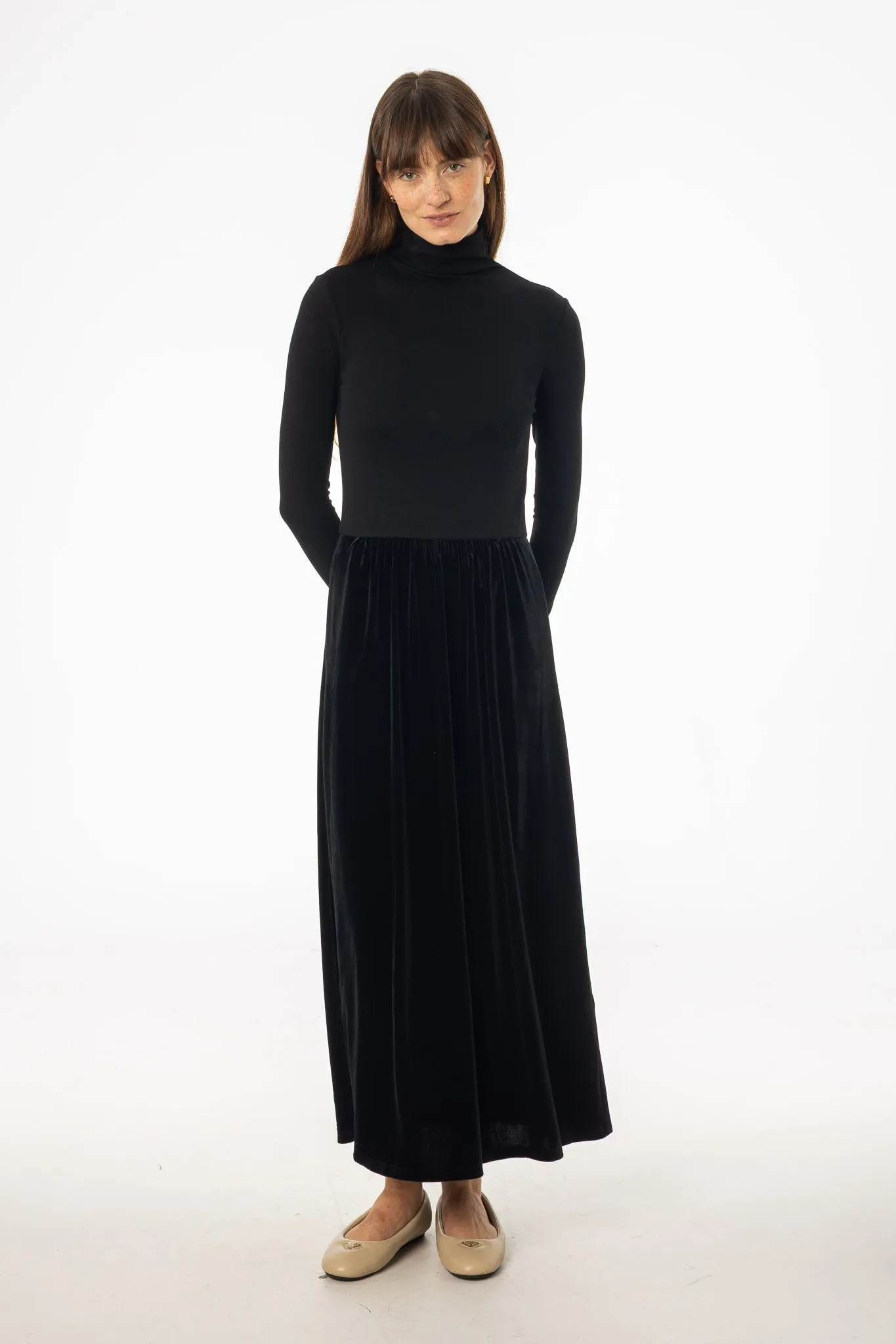 WaterRepellentCoating Black Combo Velour Mock Neck Dress