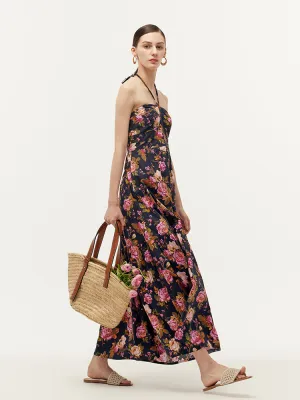 Rose Print Women Halter Maxi Dress With Detachable Chest Pads Light Flow LayeredPanels