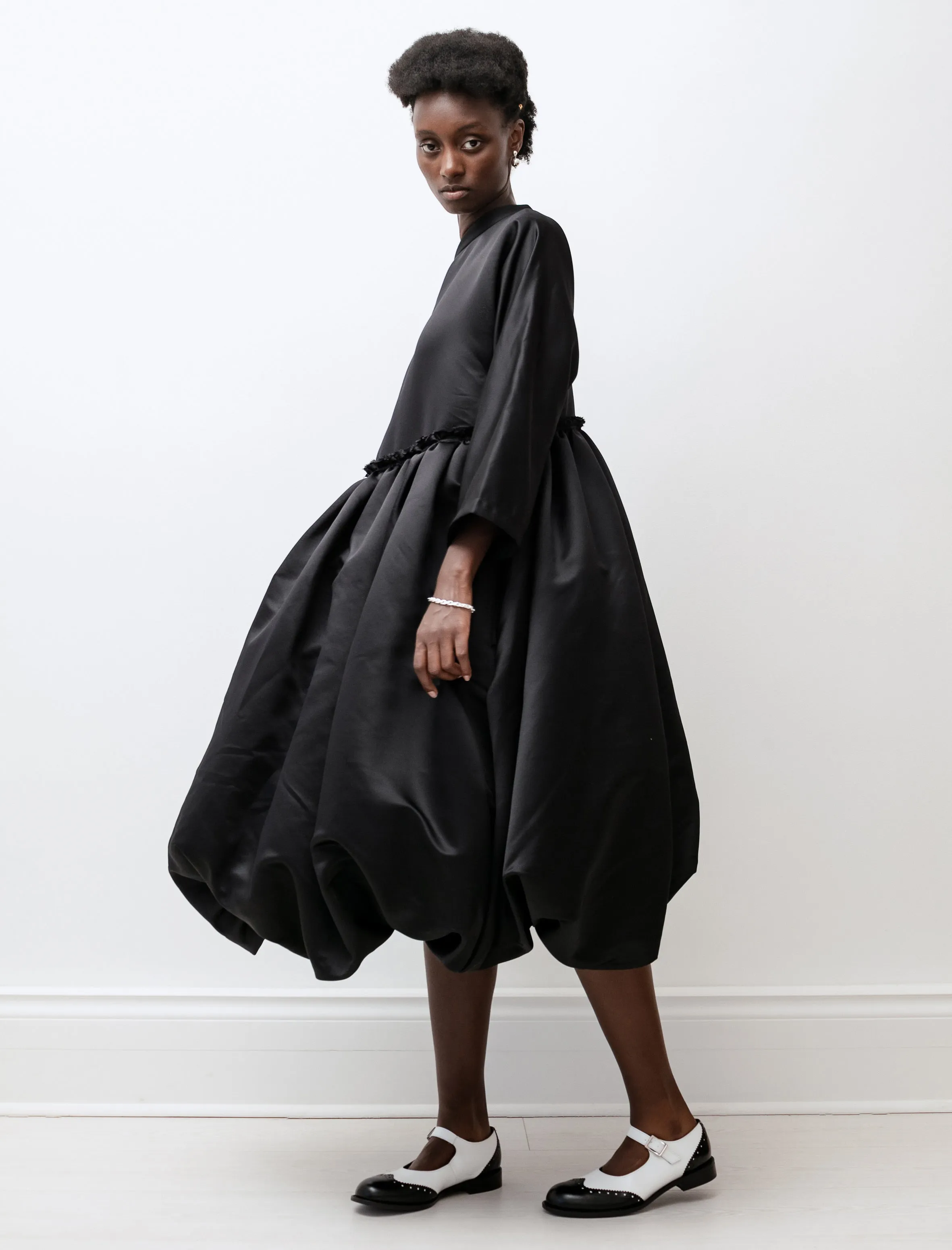 Cozy Layer Multi-Purpose Wear Satin High Neck Balloon Hem Dress Black