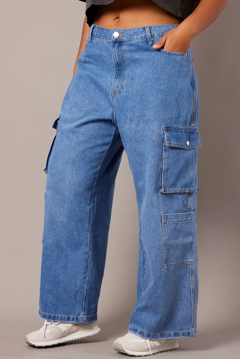 Denim Cargo Jeans Mid Rise Premium Party Look Textured Yarn Blends