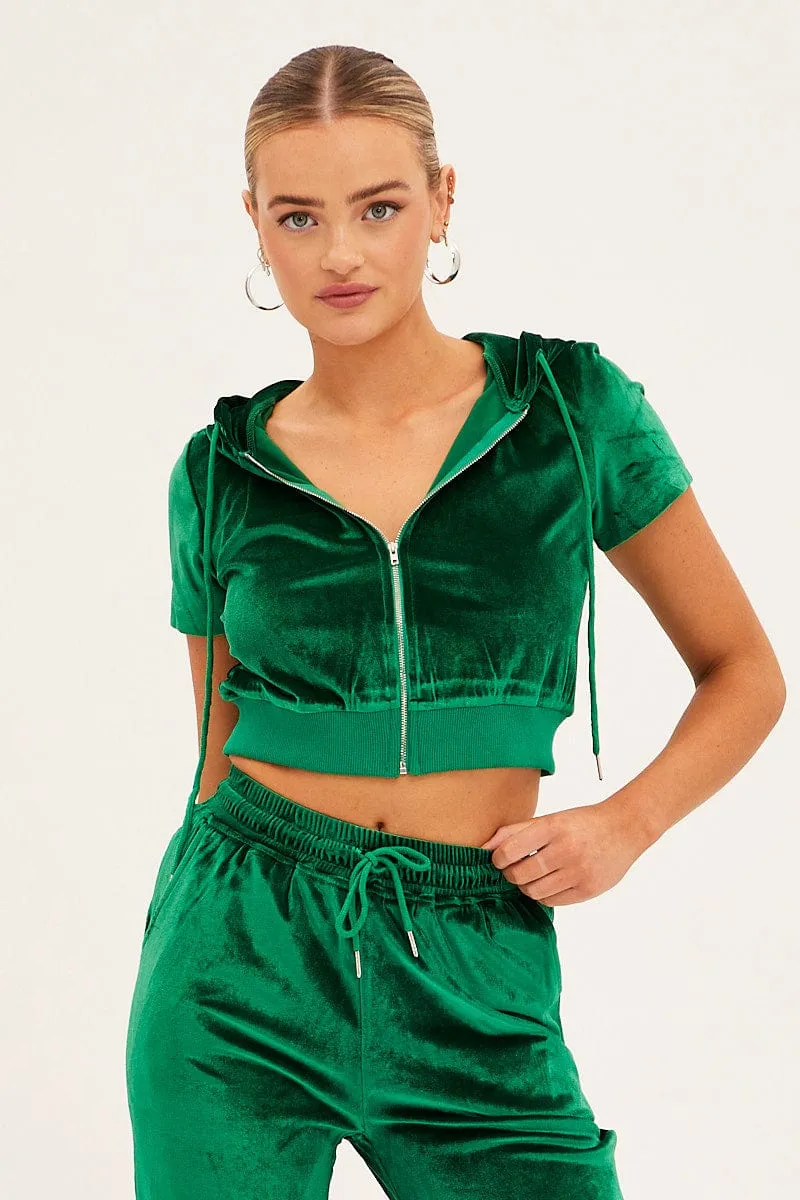 Green Velour Short Sleeve Zip Lounge Hoodie Wrinkle-Resistant
