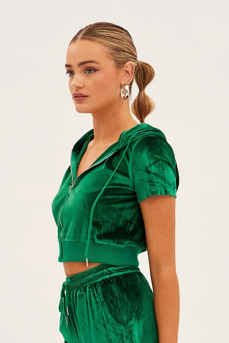 Green Velour Short Sleeve Zip Lounge Hoodie Daily Staple