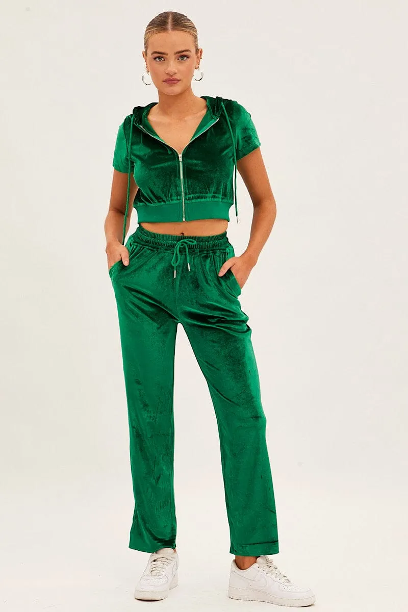 product pastel softness Green Velour Short Sleeve Zip Lounge Hoodie
