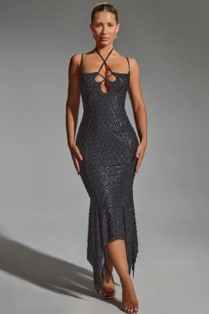 Stylish Bottom Embellished Cut-Out Asymmetric Midaxi Dress in Black