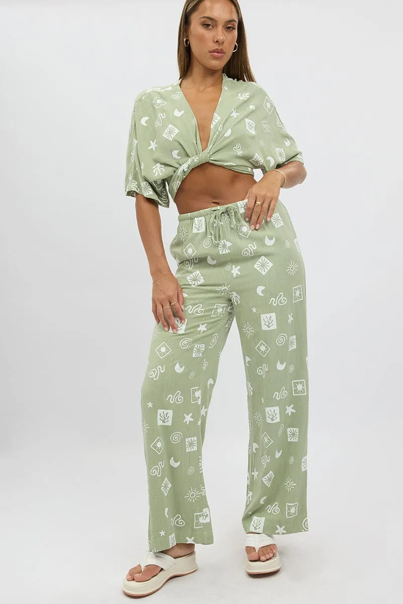 Green Abstract Wide Leg Pants High Rise Ultra Soft Texture
