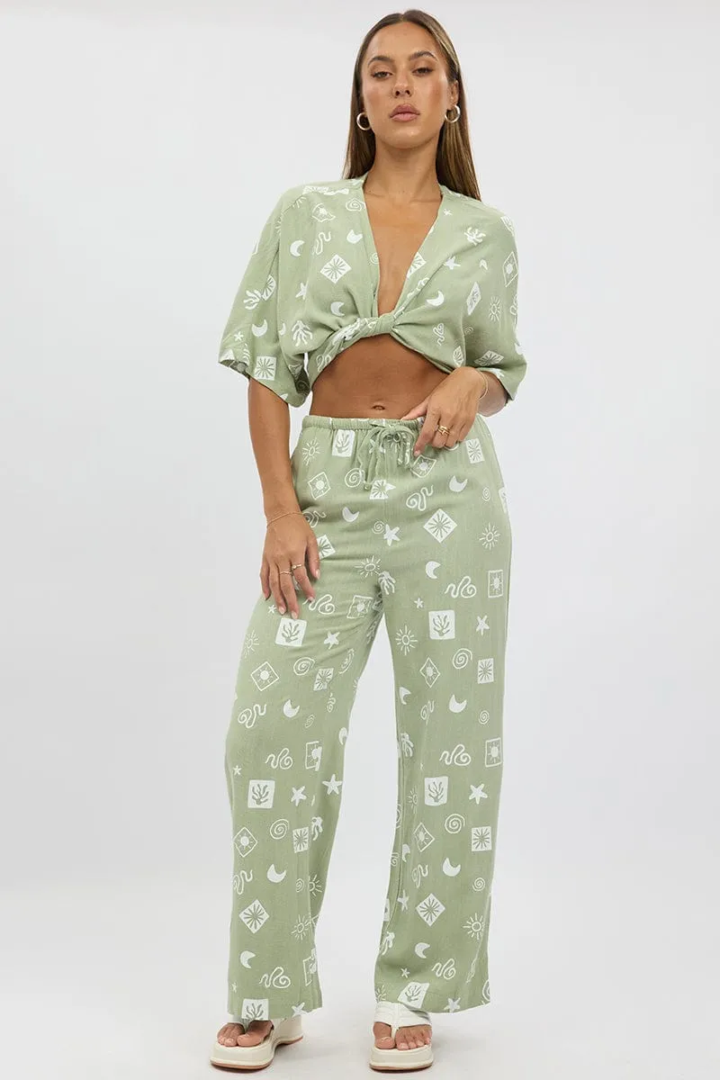 Green Abstract Wide Leg Pants High Rise Cozy And Stylish