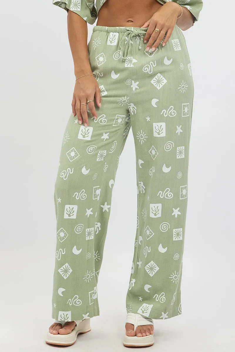 Anti Pilling Stylish Fit Green Abstract Wide Leg Pants High Rise