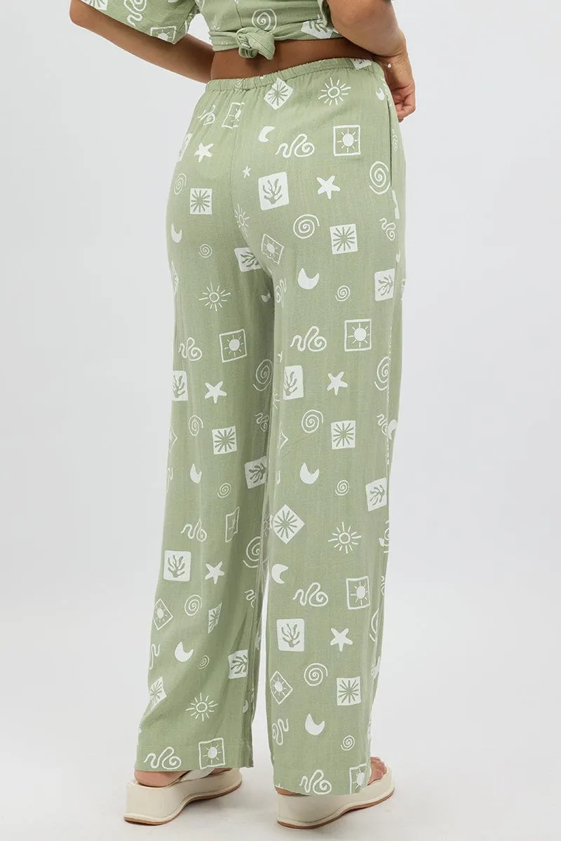 Chilly Day Comfort Green Abstract Wide Leg Pants High Rise